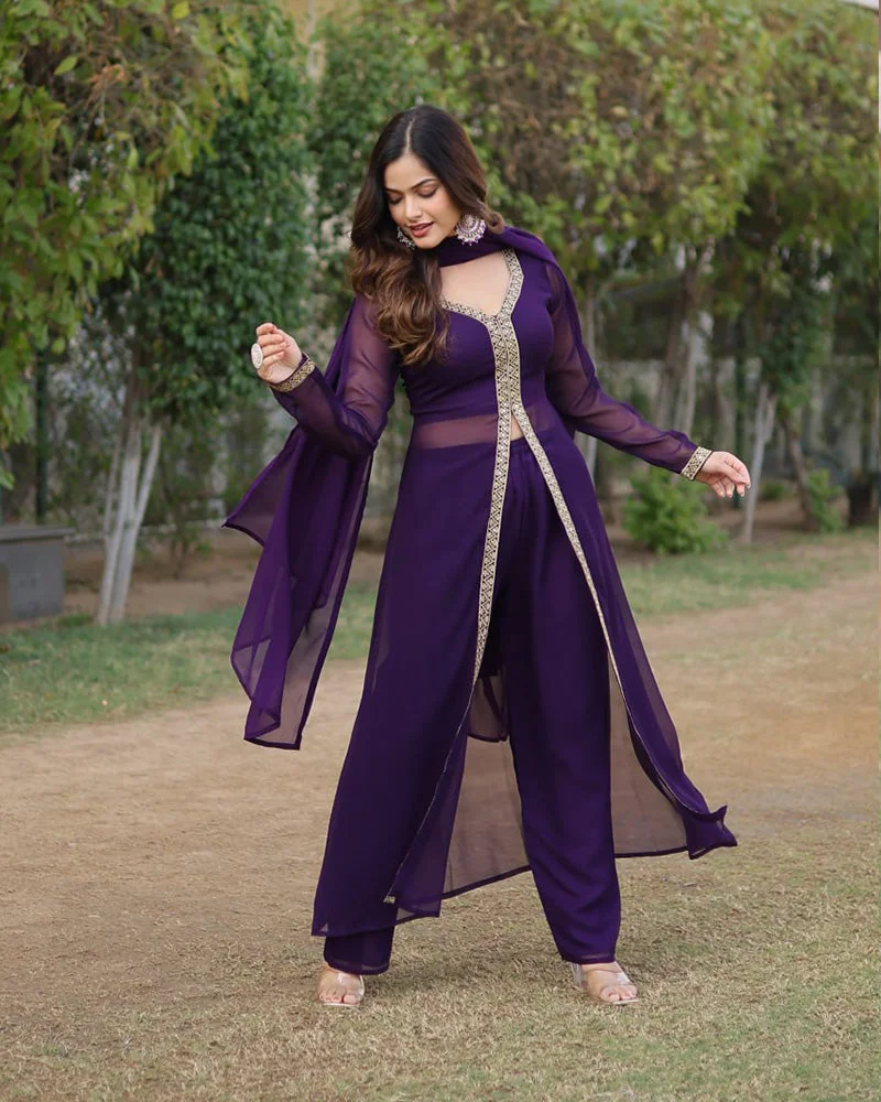 Western Designer Wine Color Georgette Three Piece Kurti